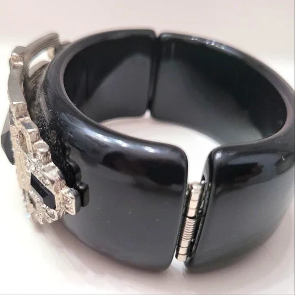 Statement Black & Silver Rhinestone Cuff Bracelet  Art Deco Glam - Picture 7 of 9